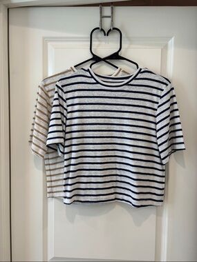2 Striped Cropped Tee - Navy and Tan